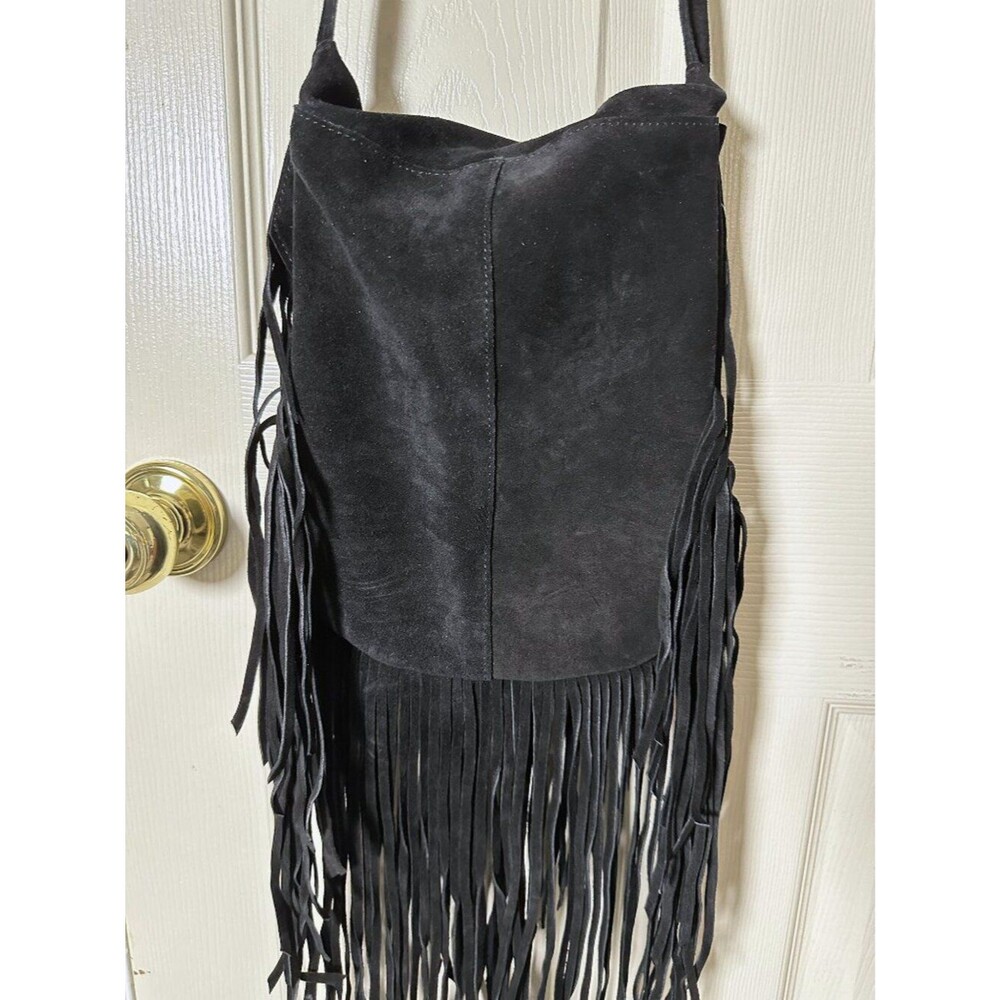 NWT Elegant Black Suede Leather Fringe Purse Bag Bohemian Boho Fair Trade India - Picture 5 of 13